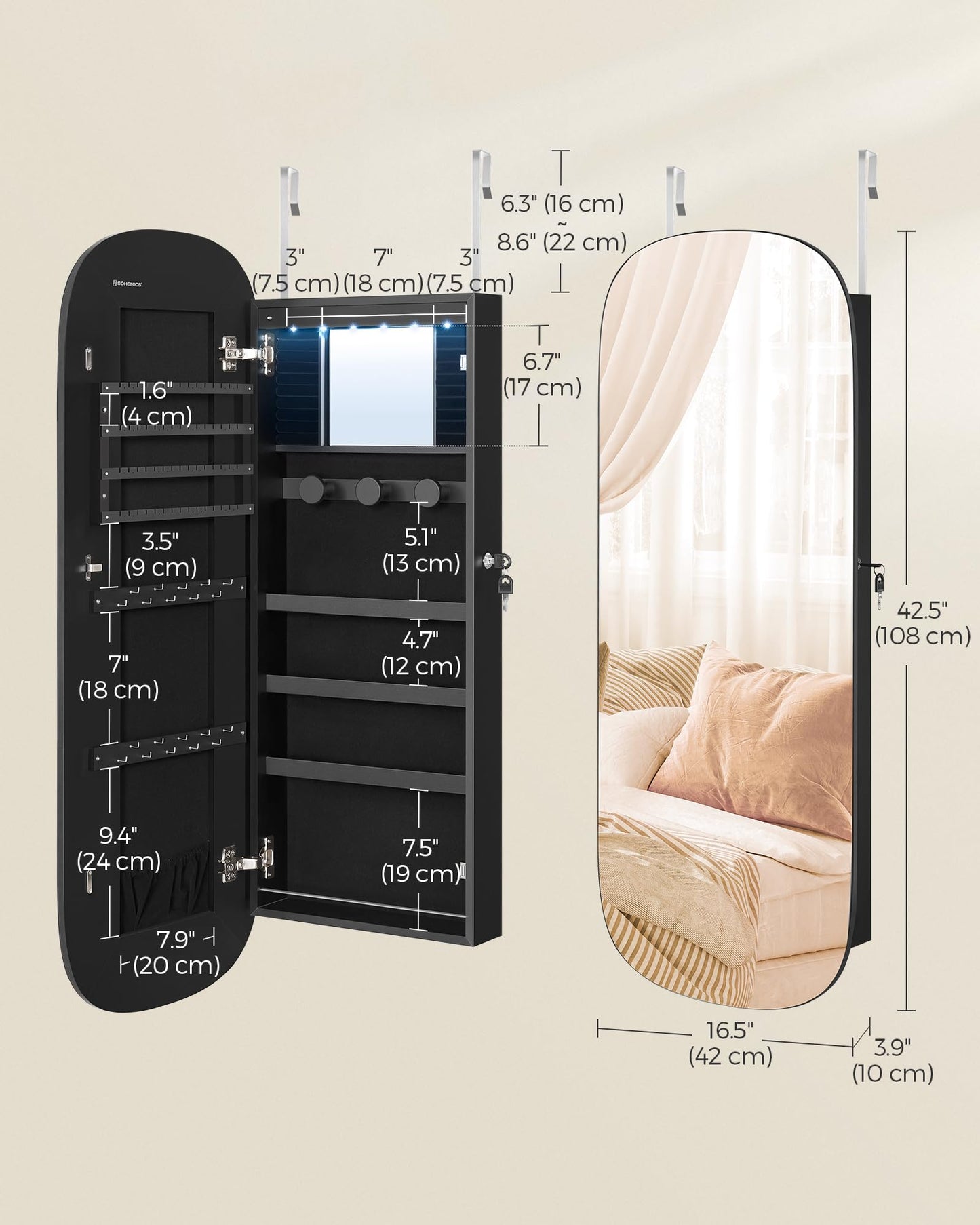 SONGMICS Jewelry Organizer, LED Jewelry Cabinet Wall or Door Mounted, Lockable Rounded Wide Mirror with Storage, Interior Mirror, Christmas Gifts, Black Surface with Black Lining