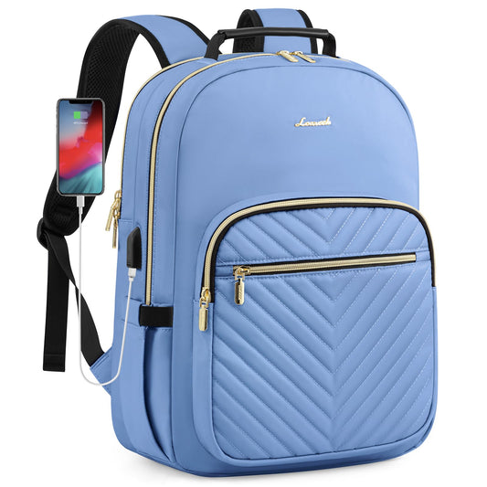 LOVEVOOK Laptop Backpack Purse for Women, Work Business Travel Computer Bags, College Nurse Backpack for Womens, Quilted Casual Daypack with USB Port, Fit 15.6 Inch Laptop, Blue