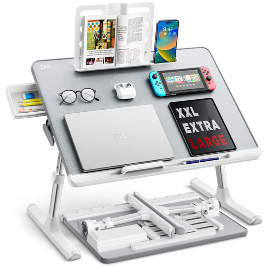 Laptop tray, SAIJI 60*45cm Table lap for bed, Multi-purpose Premium Lapdesk, Height Angle adjustable, with Book Stand, Drawer, Tablet slot, for Eating, Working, Writing, Gaming, Drawing (Light Grey)