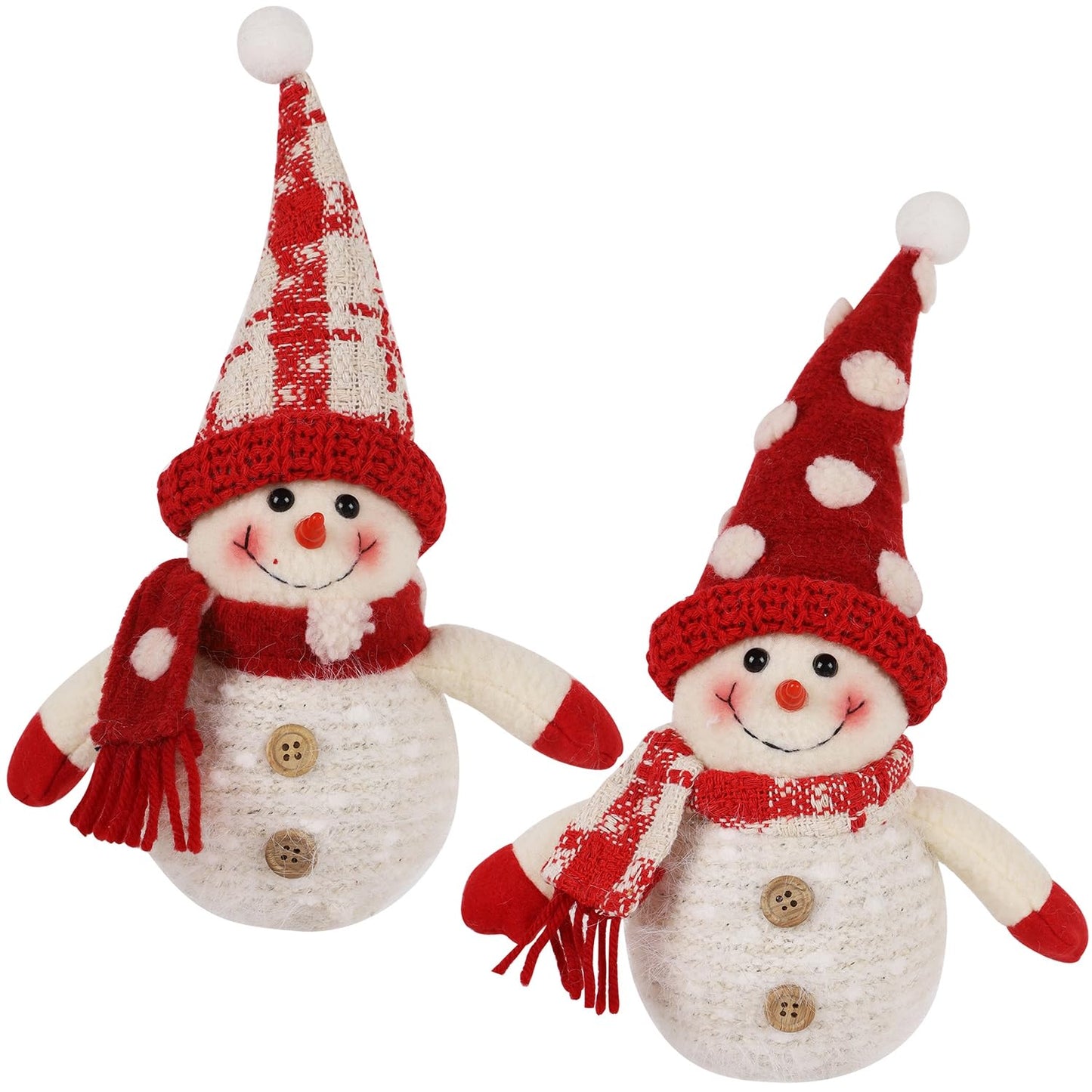 Juegoal 2 Pack Christmas Table Decorations, 10 Inch Lighted Plush Snowmen Figurines, Light Up Snowman Holiday Present, Battery Operated Xmas Gifts Tabletop Ornaments Dinner Party Supplies, Red Brim