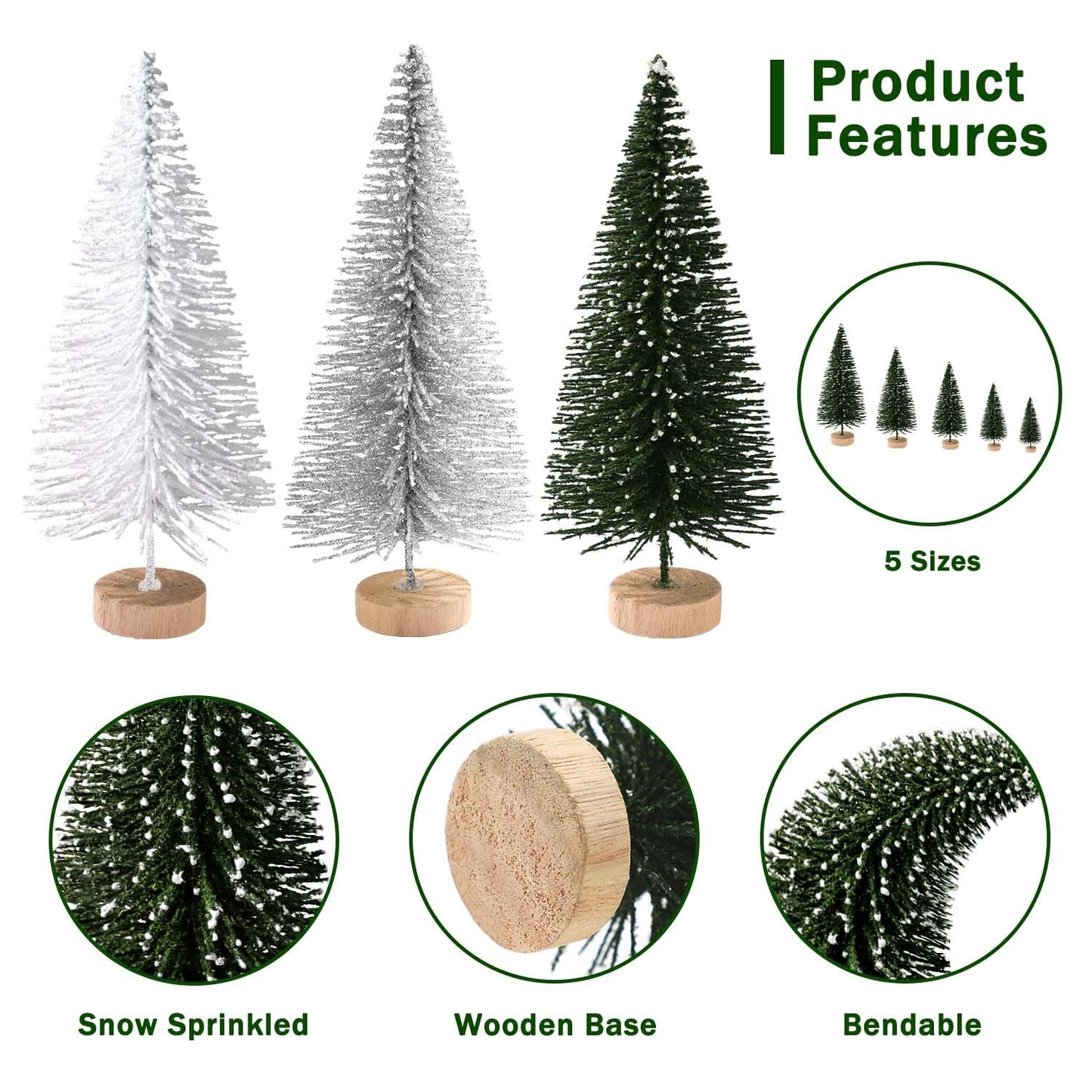 30Pcs Mini Christmas Trees Artificial Christmas Tree Bottle Brush Trees with Wooden Base for Christmas Decor Christmas Party Home Table Craft Decorations(Green+Silver+White)