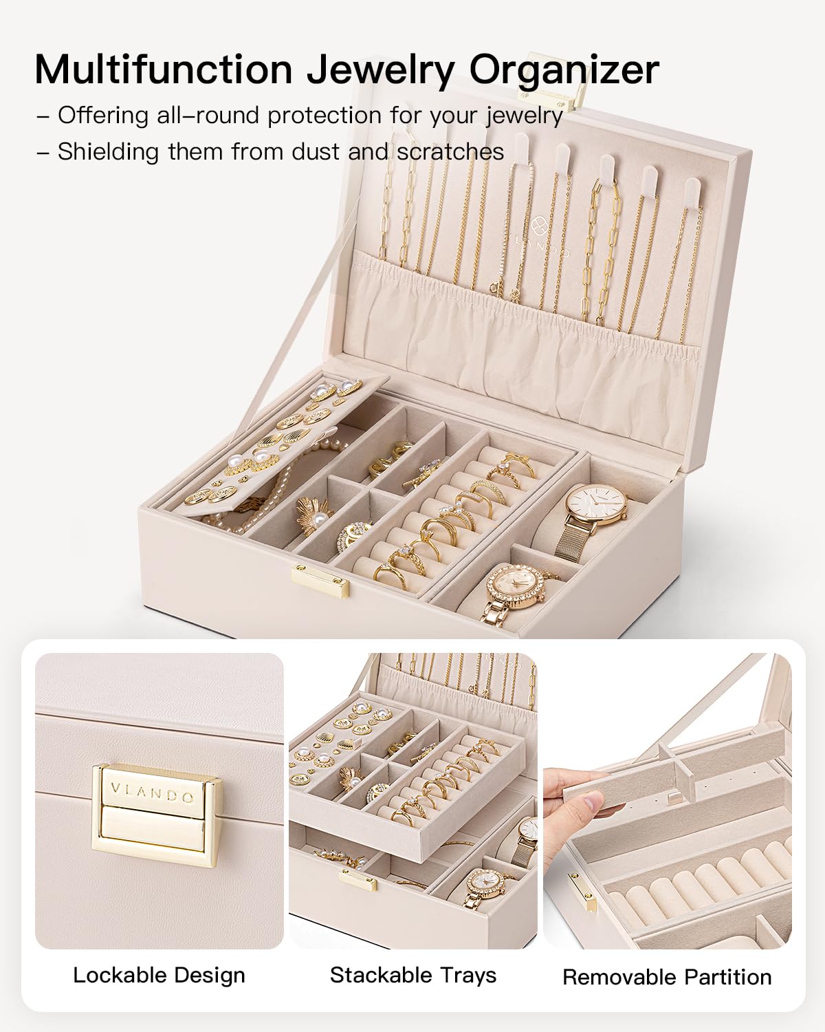 Vlando 2 Layer Jewelry Box Large Jewelry Organizer for Women Removable Jewelery Tray with Watch Pillow for Necklace Earrings Rings Bracelets Jewelry Boxes for Mother‘s Day Gifts (Apricot White)