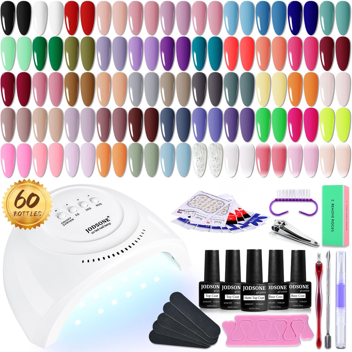 JODSONE 60 PCS Gel Nail Polish Kit with U V Light Base and Matte Glossy Top Coat Nail Gel Polish Soak off Manicure Accessory Tools Suitable for All Seasons