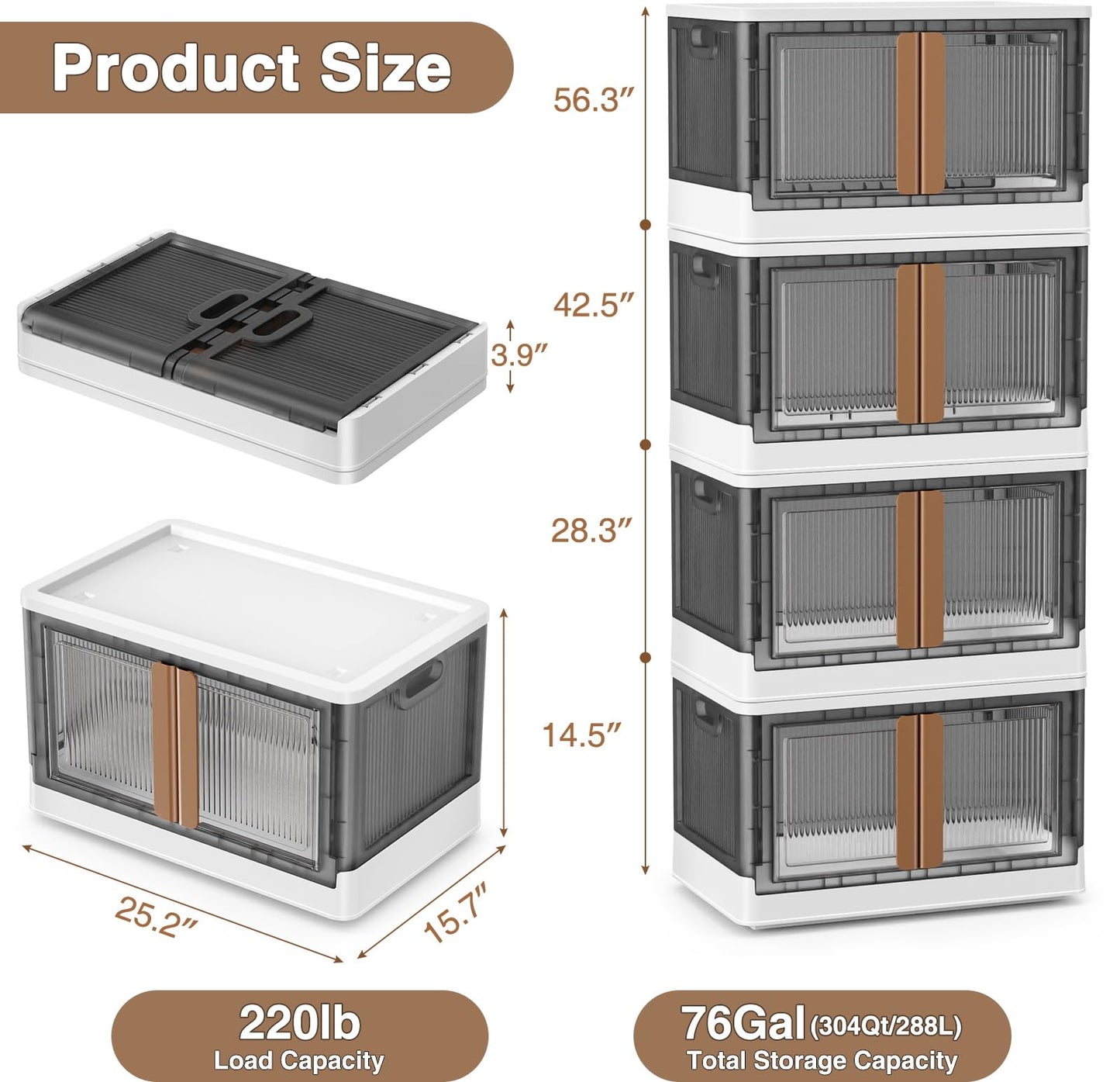 BROVIEW V6 Stackable Storage Bins with Lids, 19Gal Collapsible Plastic Storage Bins With Wheels, Folding Storage Cabinet with Doors, Foldable Toy Clothes Organizer for Closet Home Dorm, 4 Pack White