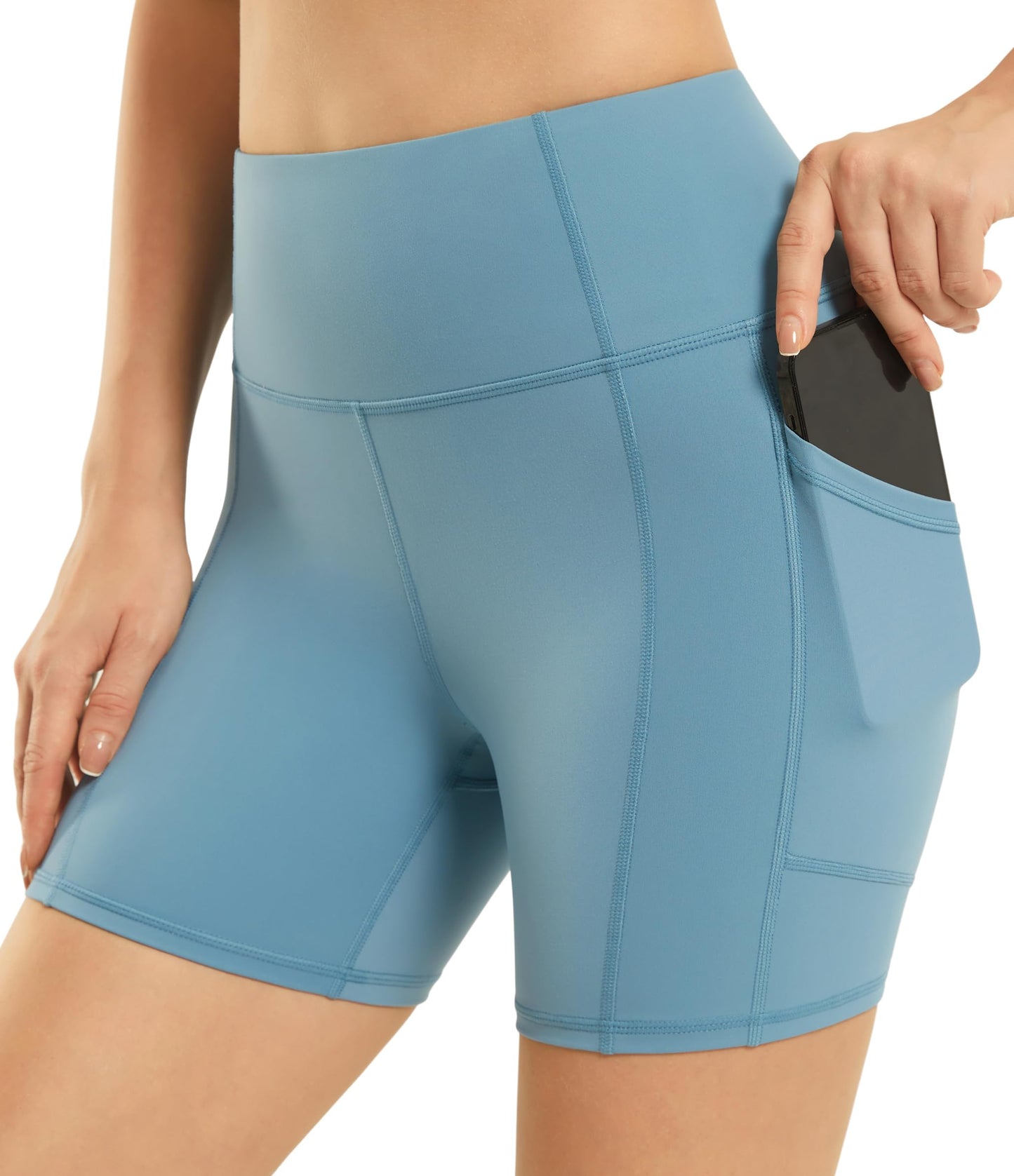 PERSIT Yoga Shorts for Women with Pockets High Wasited Running Athletic Biker Workout Shorts Tight Fitness Gym Shorts Yoga Pants - Blue - M