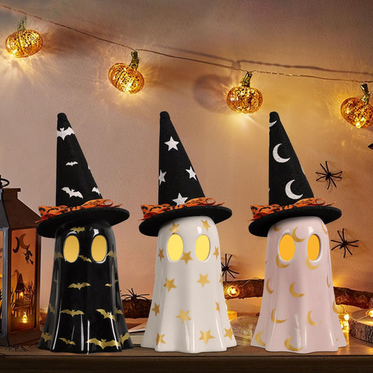 DAZONGE Ghost Halloween Decor, Set of 3 Ceramic Halloween Ghost Decorations Indoor, Ghost Decor with Witch Hat for Fall Halloween Home Decor