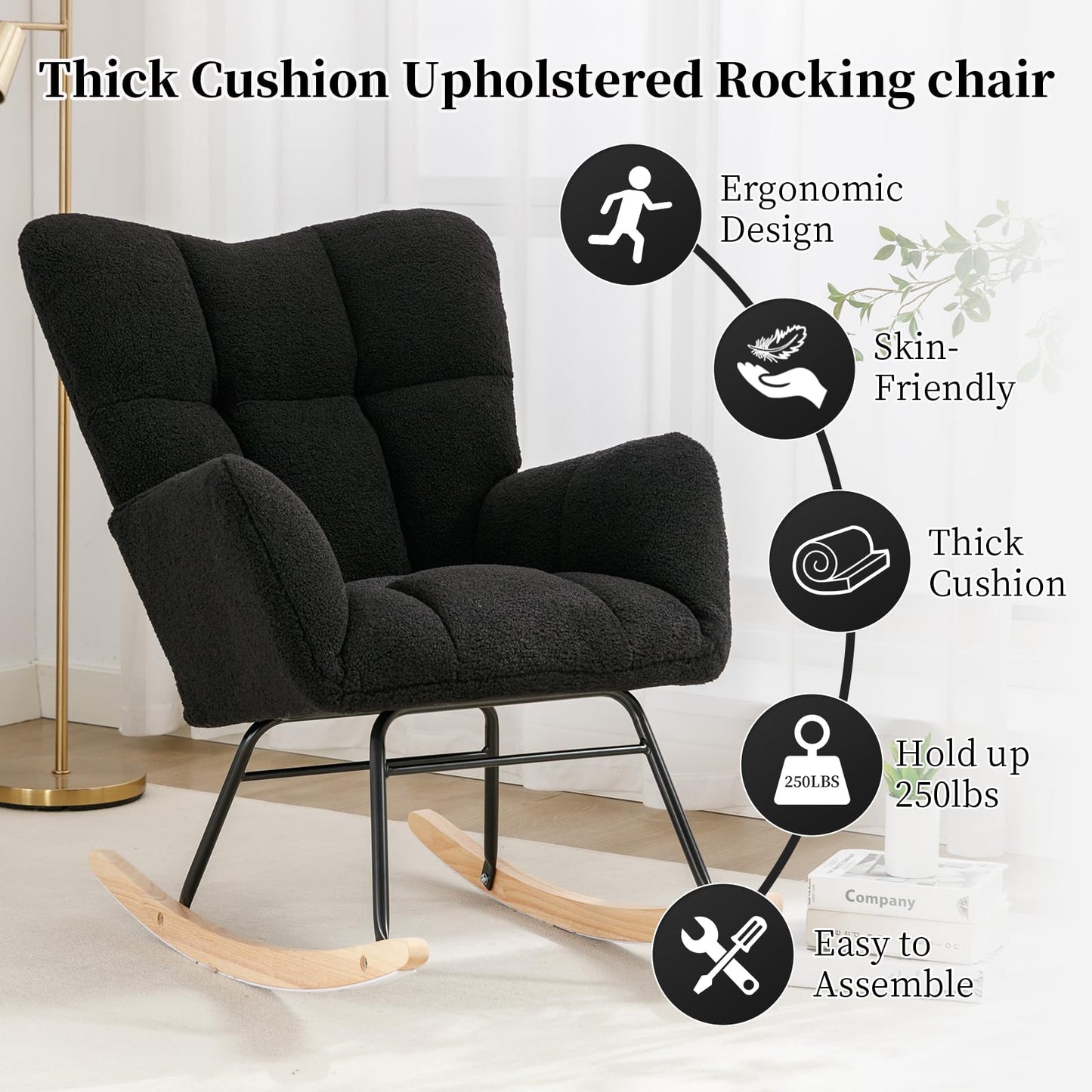 NIOIIKIT Nursery Rocking Chair Teddy Upholstered Glider Rocker Rocking Accent Chair Padded Seat with High Backrest Armchair Comfy Side Chair for Living Room Bedroom Offices (Black Teddy)