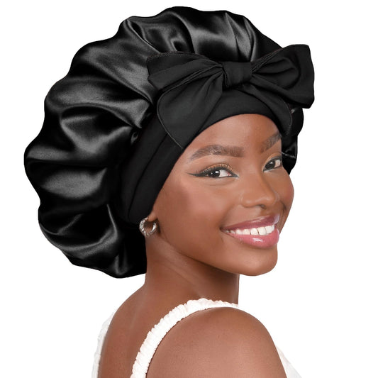 YANIBEST Satin Bonnet Silk Bonnet for Sleeping Double Layer Satin Lined Hair Bonnet with Tie Band for Women Curly Hair Black