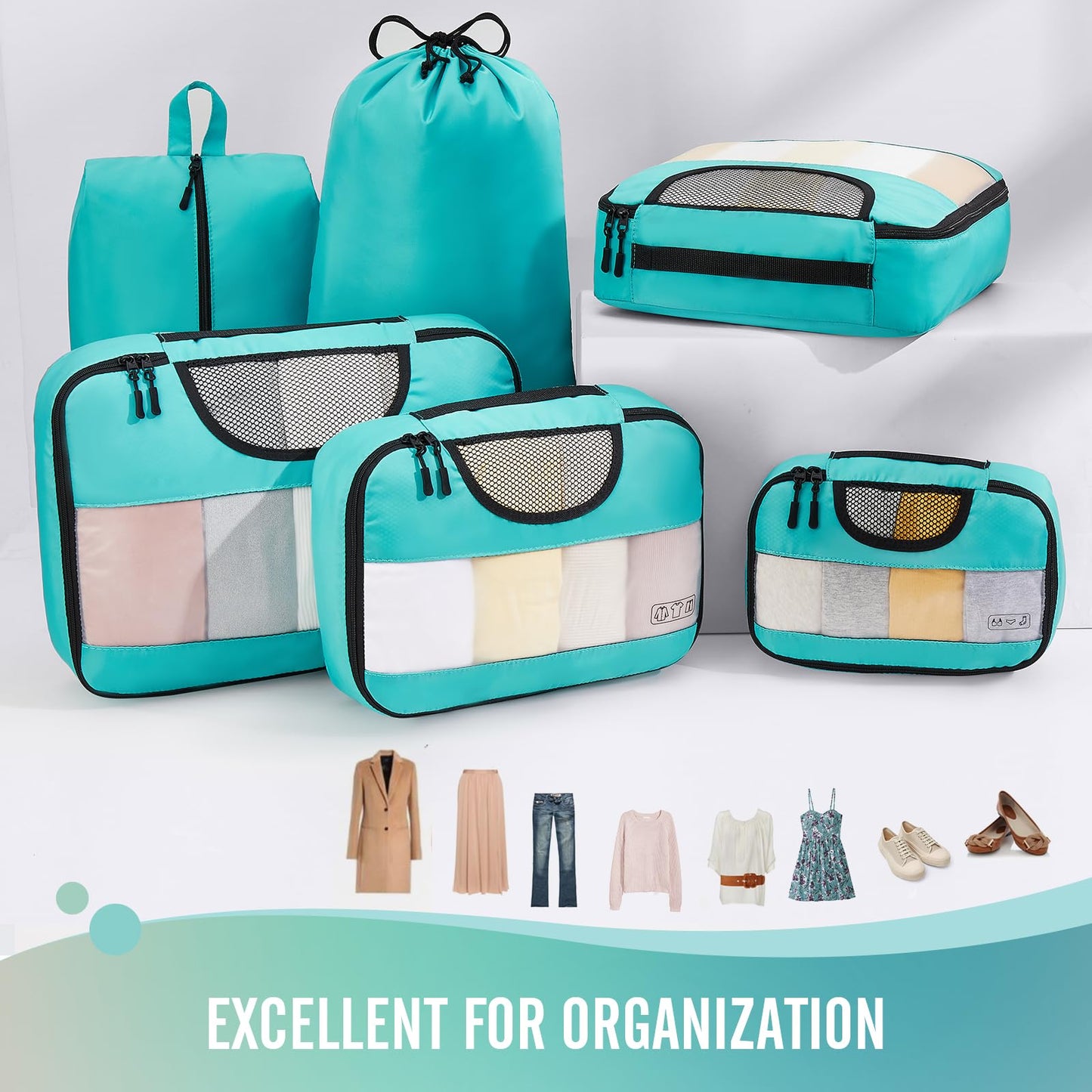 Veken 6 Set Packing Cubes for Suitcases, Travel Essentials for Carry on Luggage, Suitcase Organizer Bags Set for Travel Accessories in 4 Sizes(Extra Large, Large, Medium, Small)，Cyan