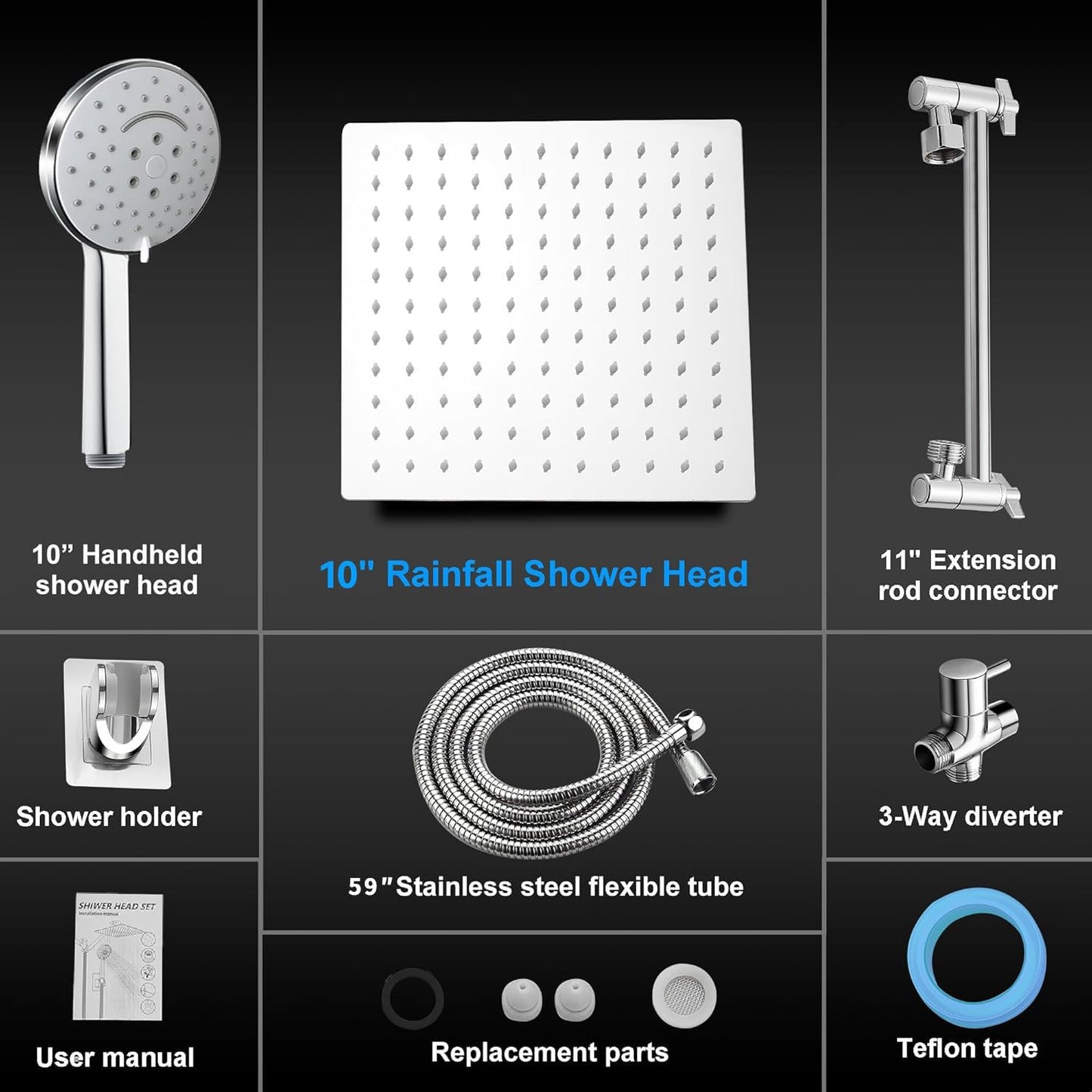 10 inch Rainfall Shower Head Combo Stainless Steel, THE FIRST WATERFALL mode, 10 Inch Rain Shower Head with Handheld 6 Spray Modes High Pressure, Overhead Shower Adjustable Extension Arm,Chrome