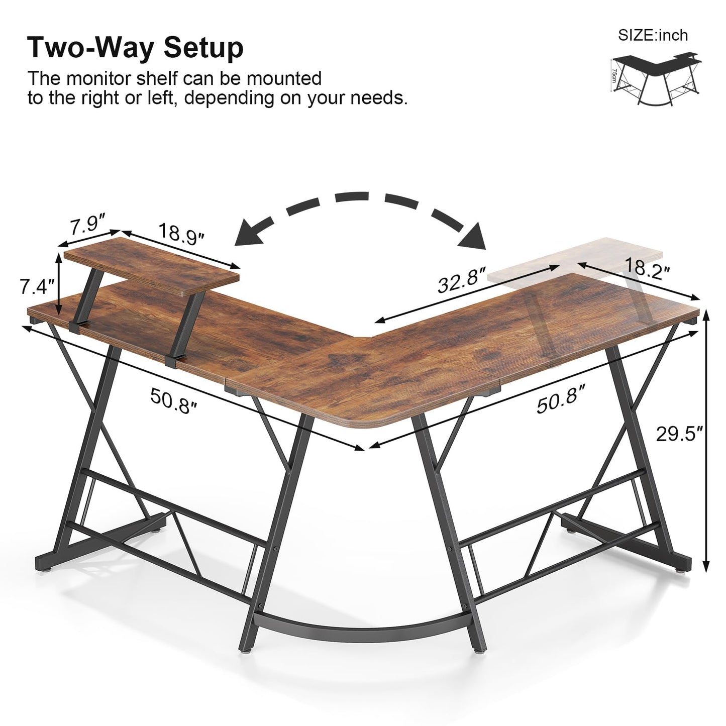 Mr IRONSTONE L Shaped Computer Desk: Corner Desk, Home Office Desk, Gaming Writing Workstation with Large Monitor Stand, Easy to Assemble (Rustic Brown,51 Inch)