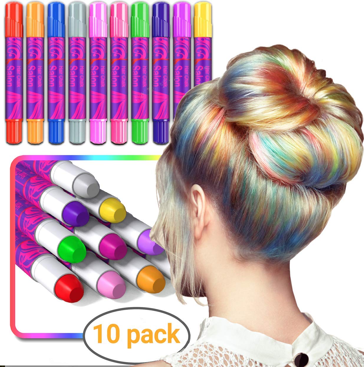 Desire Deluxe Hair Chalk for Girls Makeup Kit of 10 Temporary Colour Pens Gifts, Great Toy for Kids Age 5 6 7 8 9 10 11 12 13 Years Old, "Blue,Green,Grey,Pink,Purple