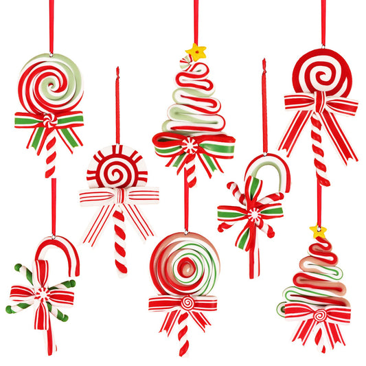 8 Pieces Christmas Tree Lollipop Ornaments Polymer Clay Candy Cane Hanging Decorations with Ribbon, Sweet Candy Pendant Xmas Tree Wreath Party Supplies