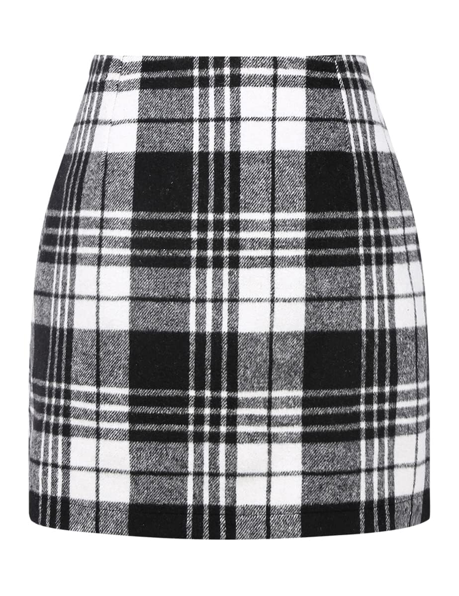 Womens High Waist Plaid Skirt Bodycon Pencil Wool Mini Skirts(Black, XS)