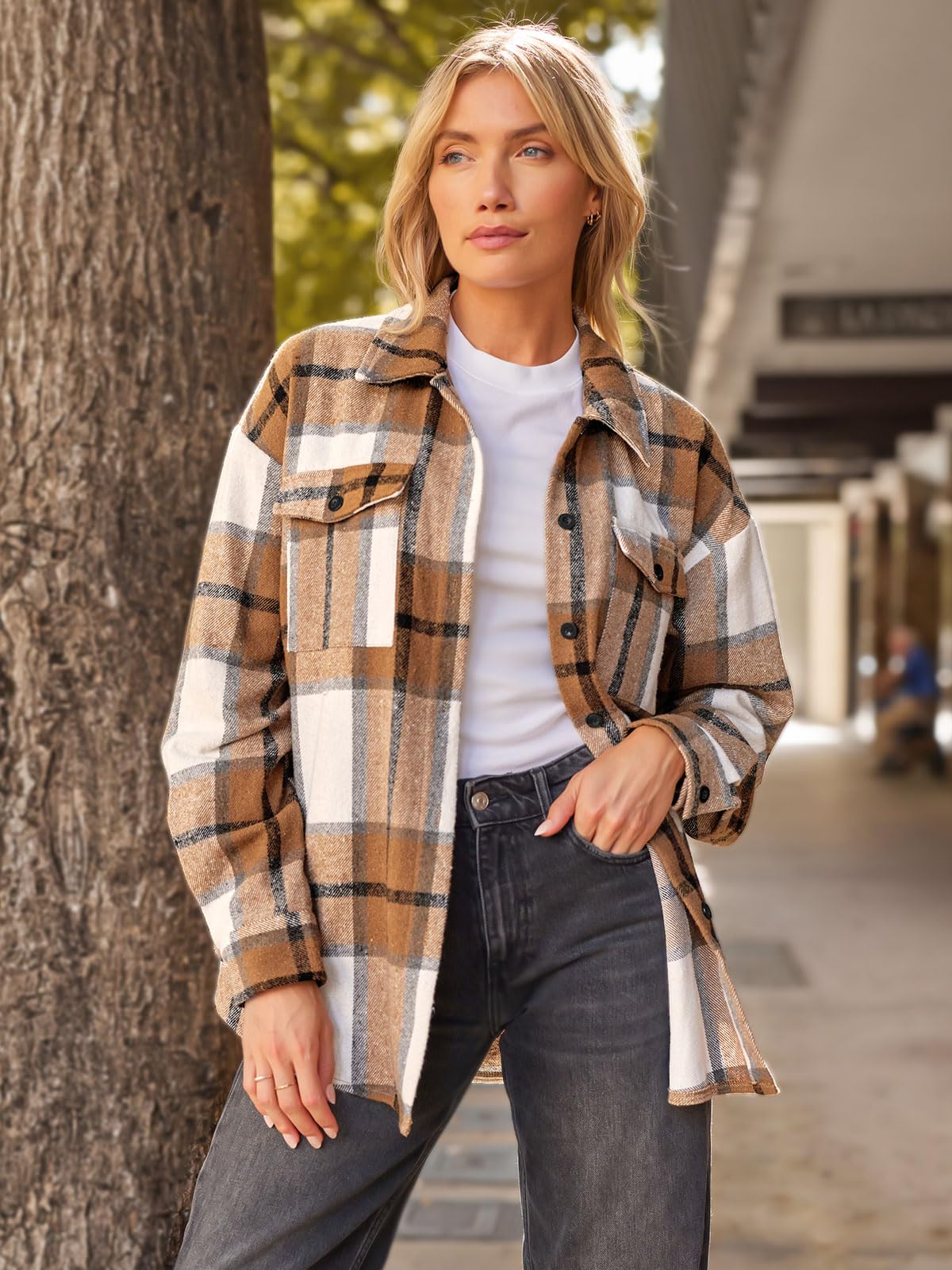 AUTOMET Womens Fall Outfits Fashion Clothes Shackets Flannel Plaid Button Down Long Sleeve Shirts Jackets 2024 Apricot XS