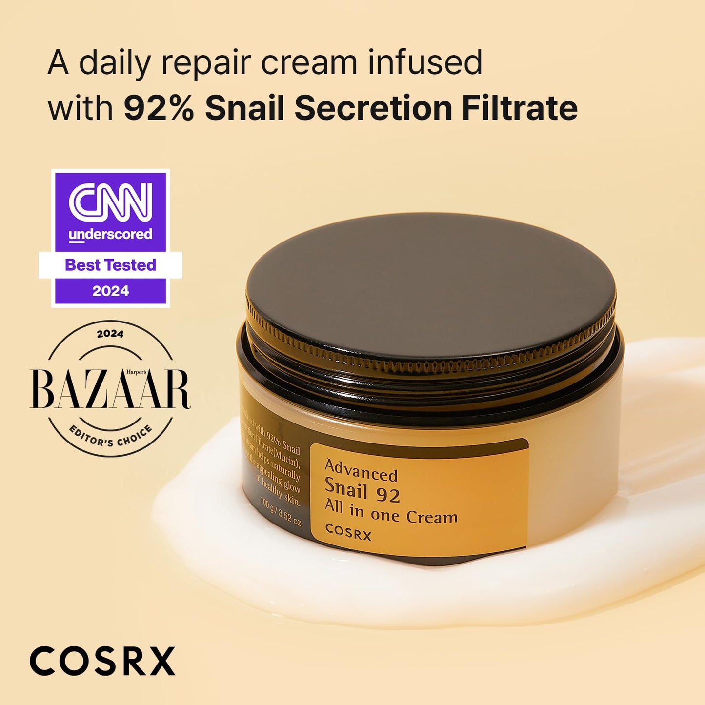 COSRX Snail Mucin 92% Face Moisturizer, 3.52 Oz, Lightweight Moisturing Cream for Soft, Glowy Skin, Korean Skin Care, Korean Moisturizer Face Cream