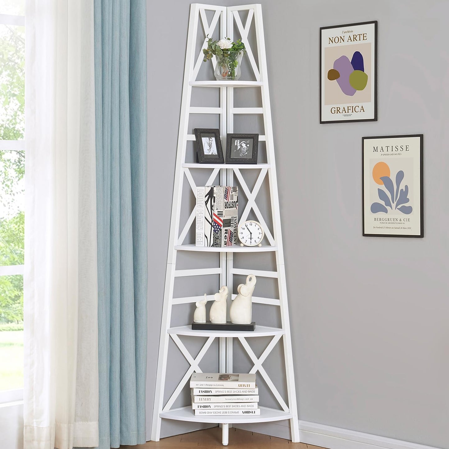 HOMBAZAAR Corner shelf,5-Tier Freestanding Corner Bookshelf,Tall Corner Ladder Shelf with Metal Frames,Multifunctional Corner Shelf Stand for Living Room, Bedroom, Kitchen, Home Office, White