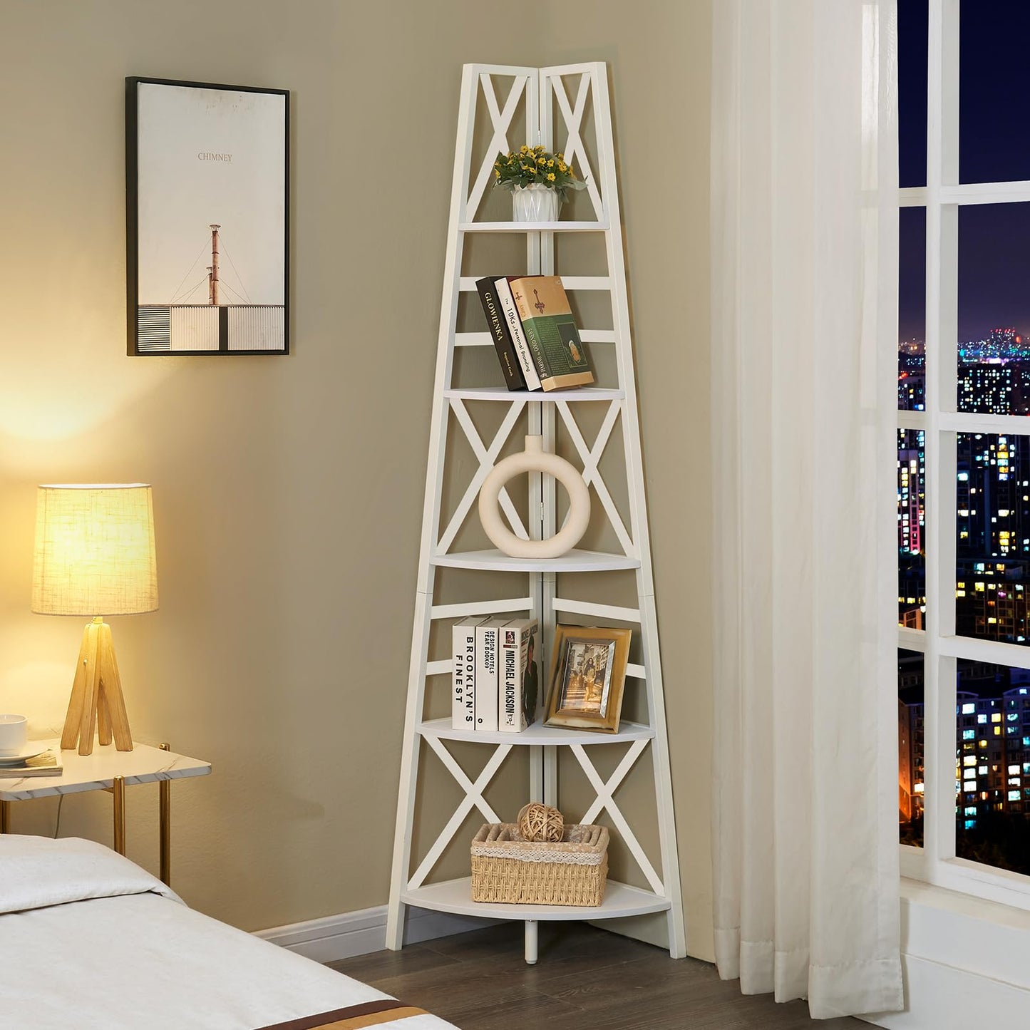 HOMBAZAAR Corner shelf,5-Tier Freestanding Corner Bookshelf,Tall Corner Ladder Shelf with Metal Frames,Multifunctional Corner Shelf Stand for Living Room, Bedroom, Kitchen, Home Office, White