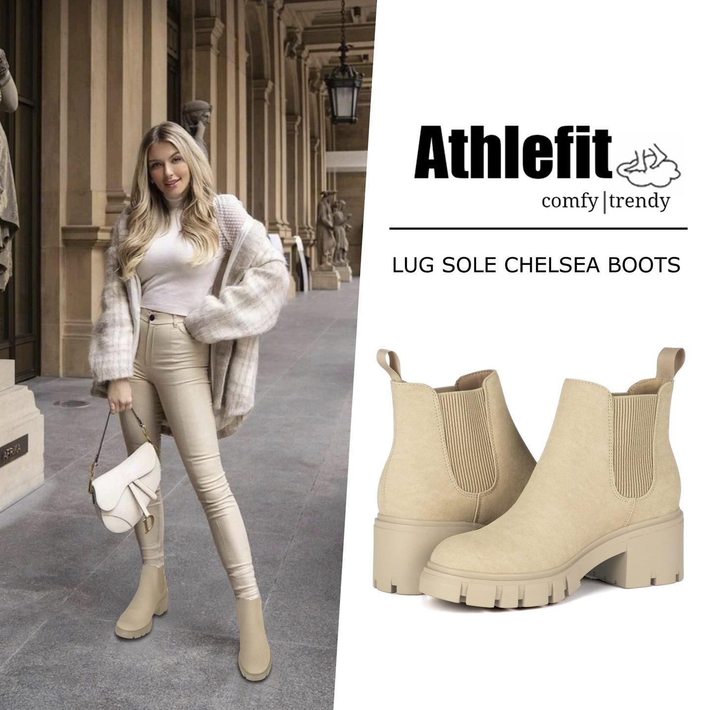 Athlefit Women's Chelsea Boots Fashion Lug Sole Chunky Heel Slip on Elastic Ankle Tan Booties Size 5.5