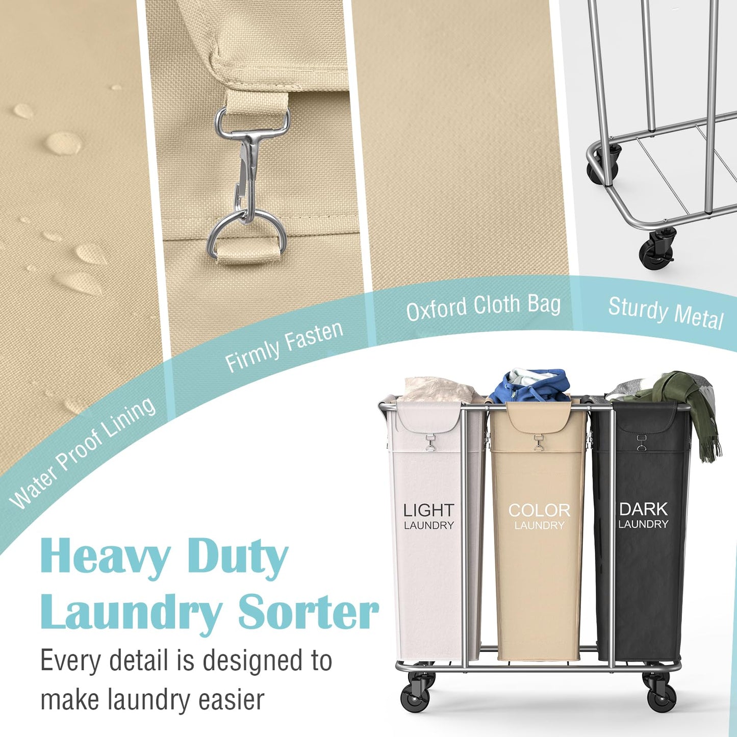 PLKOW Laundry Sorter 3 Section, 220L Large Laundry Cart with Wheels 3 Hamper Laundry Sorter with Steel Frame and Removable Bag, Rolling Laundry Cart for Home, Laundry Room, Hotel, 6 Bushel