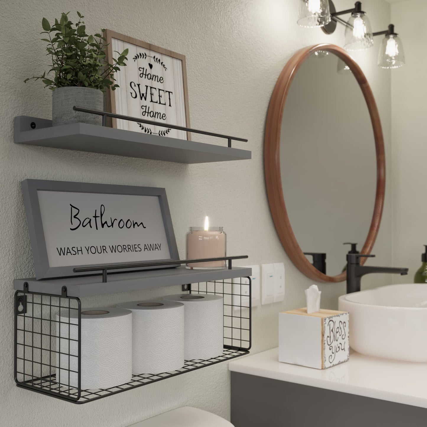 WOPITUES Floating Shelves for Bathroom Wall Decor Sign, Bathroom Organizers and Storage, Bathroom Shelves Over Toilet with Metal Guardrail-Grey