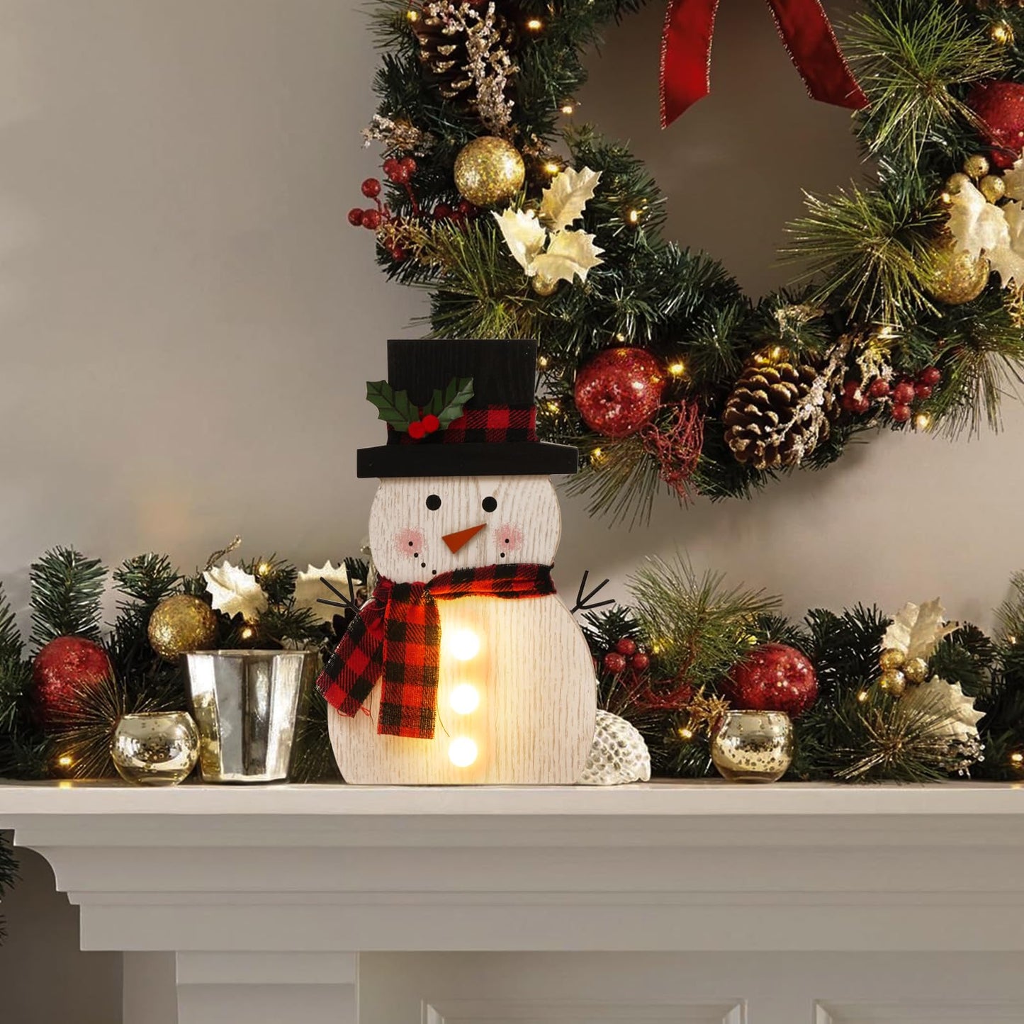 HOMirable Christmas Decorations for Home LED Lighted Snowman Decor Farmhouse Merry Christmas Sign Wooden Rustic Red Plaid Scarf Tabletop Xmas Holiday Signs Party Indoor Room