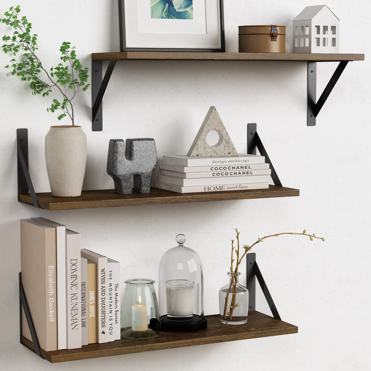 Floating Shelves 24 Inch Long for Wall Set of 3, Rustic Wood Floating Bookshelf for Bedroom, Large Wall Mounted Storage Shelves for Kitchen Bathroom Laundry Living Room TV Books (Dark Brown)
