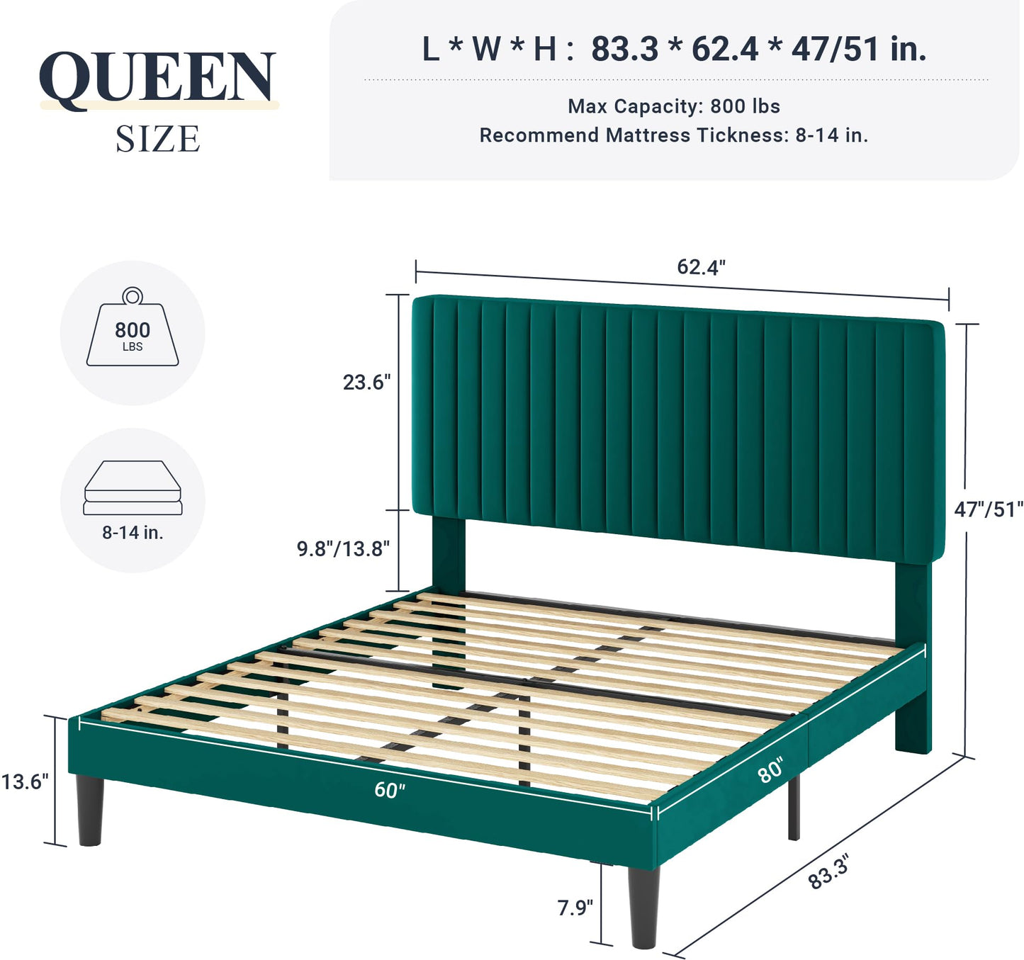 Allewie Queen Bed Frame, Velvet Upholstered Platform Bed with Adjustable Vertical Channel Tufted Headboard, Mattress Foundation with Strong Wooden Slats, Box Spring Optional, Easy Assembly, Teal