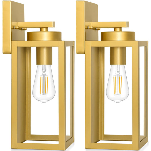 BesLowe 2-Pack Outdoor Wall Light Fixtures, Exterior Waterproof Wall Lanterns, Porch Sconces Wall Mounted Lighting with E26 Sockets & Glass Shades, Modern Wall Lamps for Patio Front Door, Gold