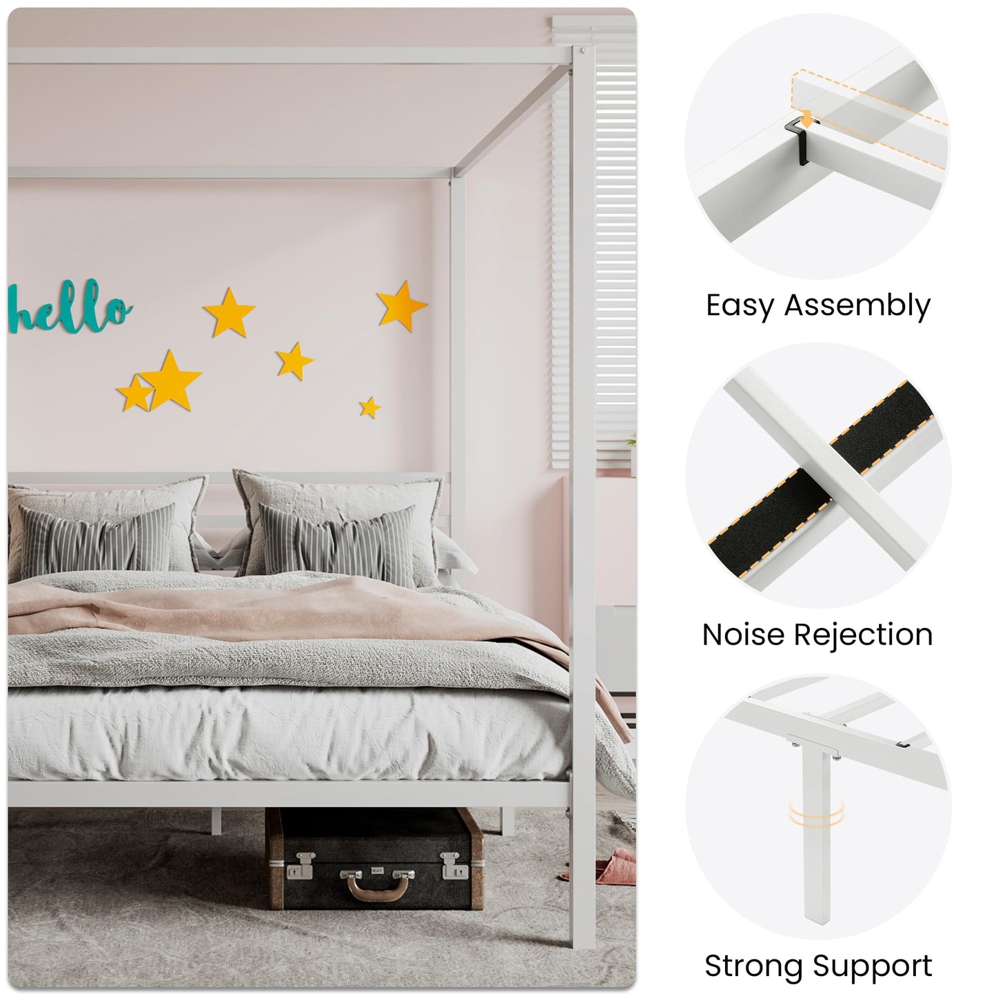 SHA CERLIN Metal Canopy Bed Frame Queen Size/Mattress Foundation with Metal Slats Support/No Box Spring Needed/Easy Assembly/White