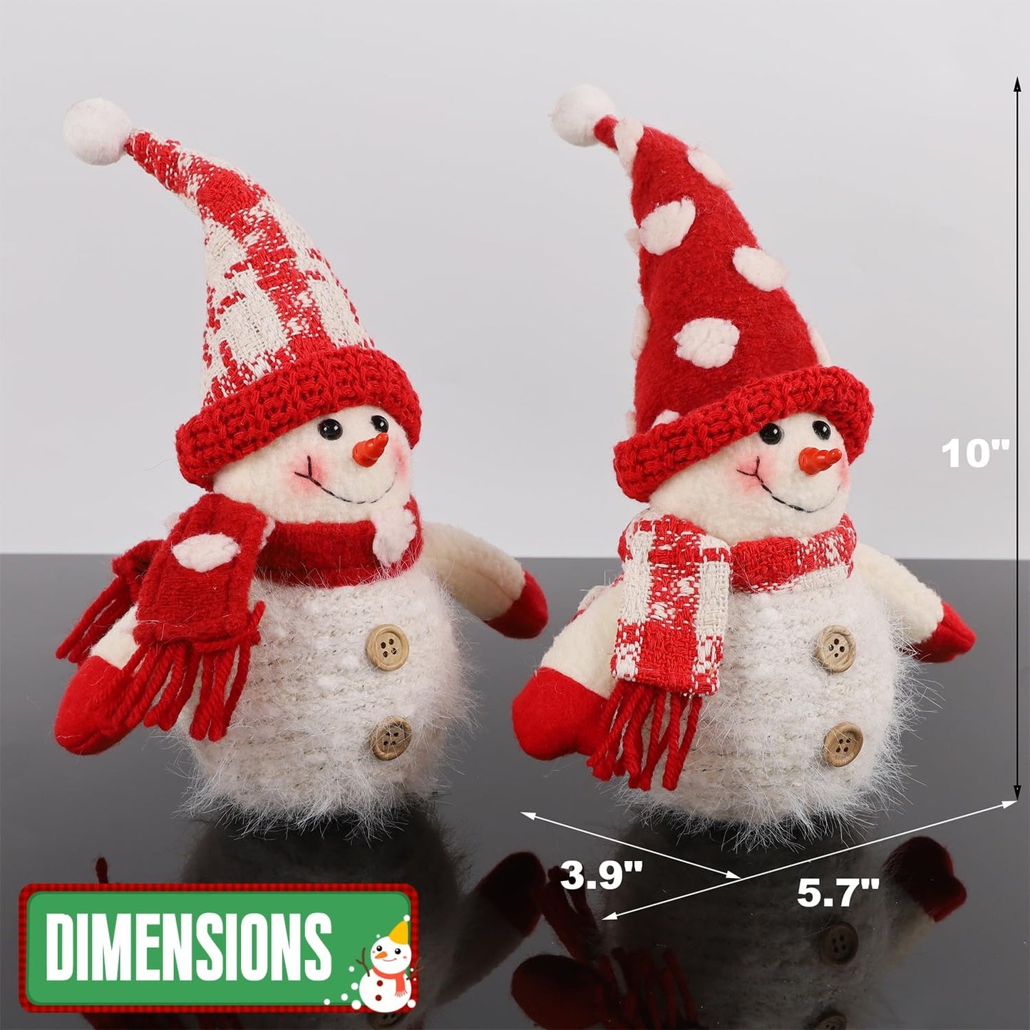 Juegoal 2 Pack Christmas Table Decorations, 10 Inch Lighted Plush Snowmen Figurines, Light Up Snowman Holiday Present, Battery Operated Xmas Gifts Tabletop Ornaments Dinner Party Supplies, Red Brim