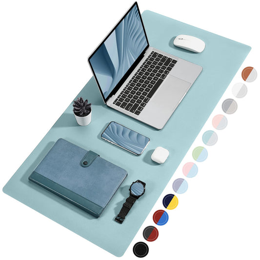 TOWWI Dual Sided Desk Pad, Large Desk Mat, Waterproof Desk Blotter Protector Mouse Pad, Leather Desk Pad Large for Keyboard and Mouse (24" x 14", Blue/Silver)
