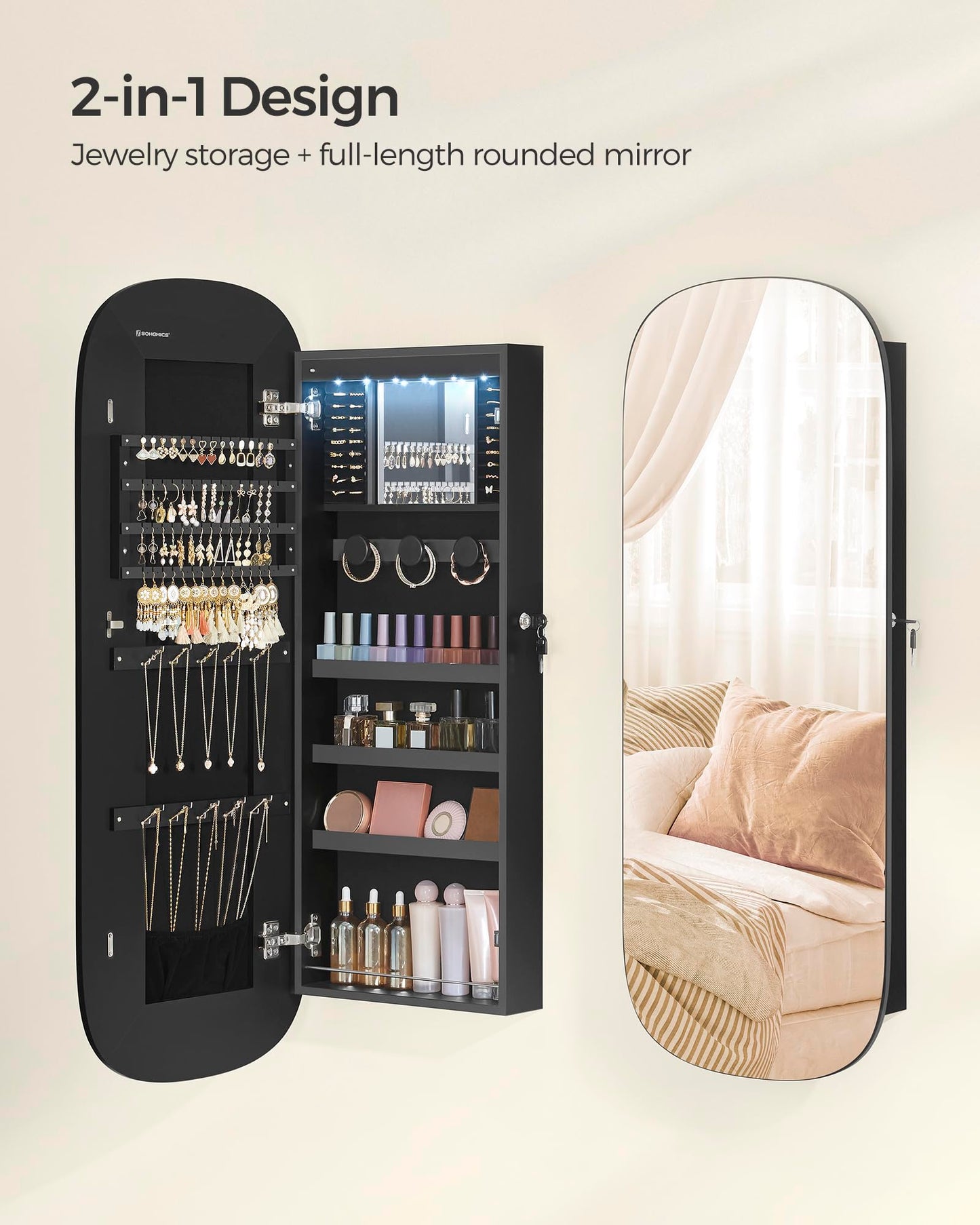 SONGMICS Jewelry Organizer, LED Jewelry Cabinet Wall or Door Mounted, Lockable Rounded Wide Mirror with Storage, Interior Mirror, Christmas Gifts, Black Surface with Black Lining