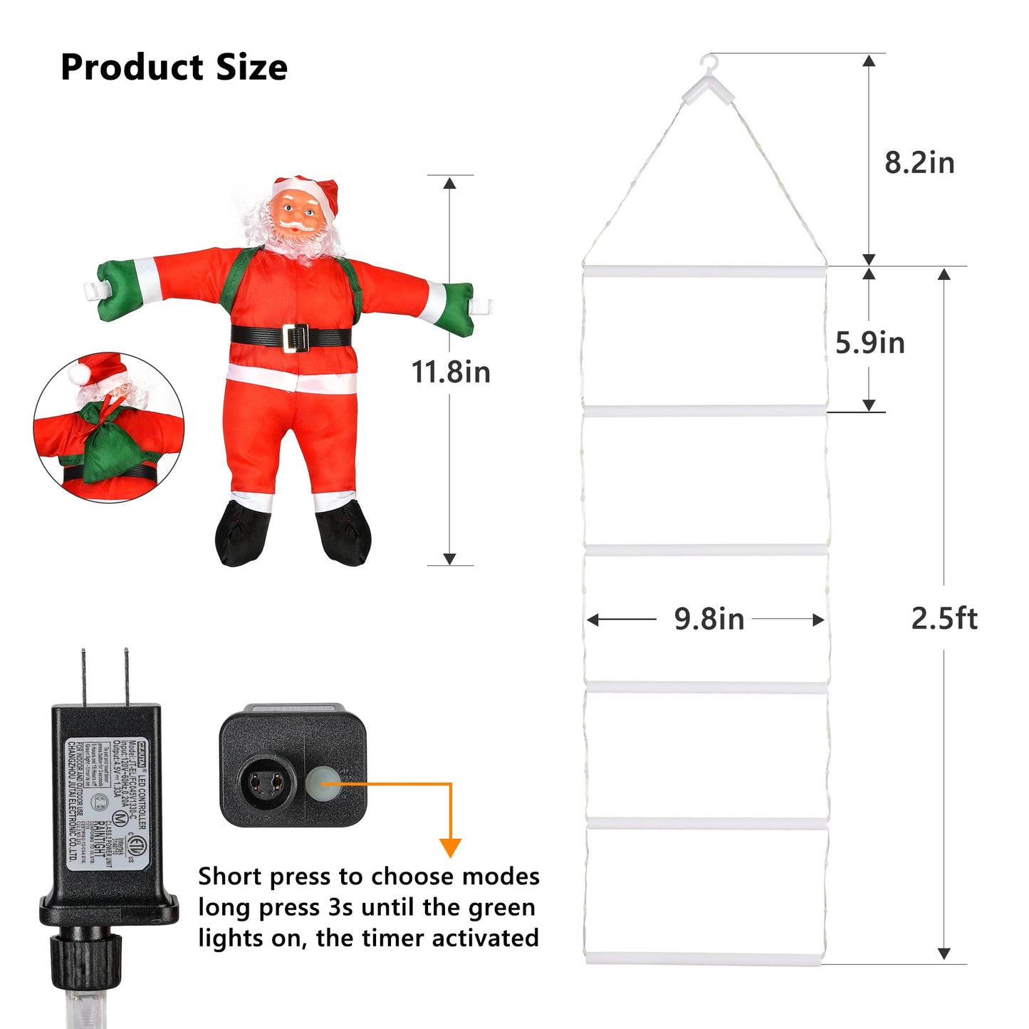 Toodour LED Christmas Light - Christmas Decorative Ladder Lights with Santa Claus, Christmas Decorations Lights for Indoor Outdoor, Window, Garden, Home, Wall, Xmas Tree Decor (2.5FT, Warm White)