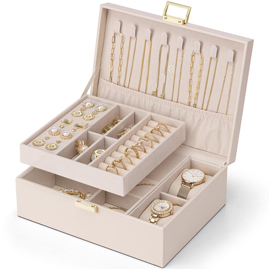 Vlando 2 Layer Jewelry Box Large Jewelry Organizer for Women Removable Jewelery Tray with Watch Pillow for Necklace Earrings Rings Bracelets Jewelry Boxes for Mother‘s Day Gifts (Apricot White)