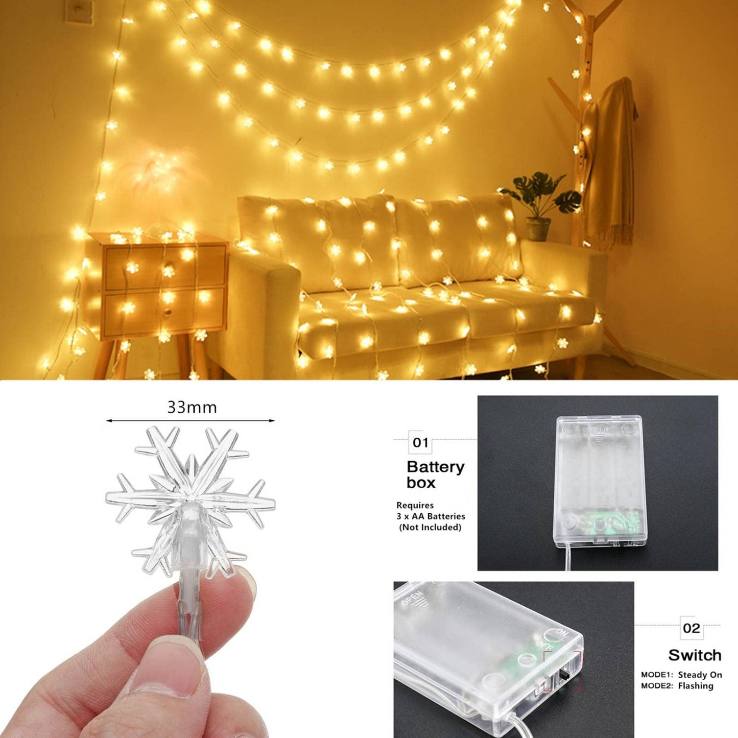 CESOF Christmas Decorations Lights, 20 Ft 40 LED Snowflake String Lights Battery Operated Fairy Lights for Bedroom Room Party Home Office Xmas Decor Indoor Outdoor Tree Decorations Warm White