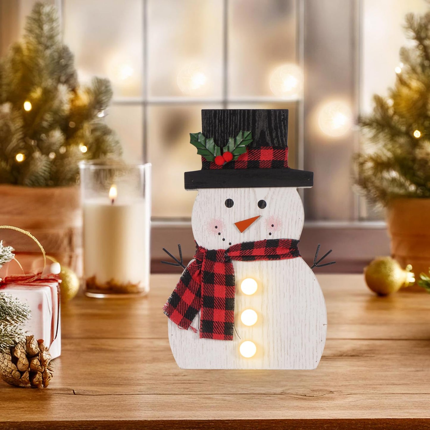 HOMirable Christmas Decorations for Home LED Lighted Snowman Decor Farmhouse Merry Christmas Sign Wooden Rustic Red Plaid Scarf Tabletop Xmas Holiday Signs Party Indoor Room