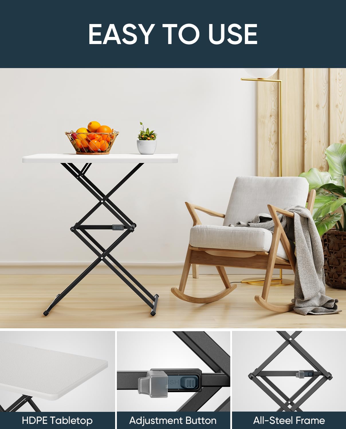 Upstreman Home 28inch Quick Pop Up Table, Adjustable Folding Table, SwiftFold Folding Table w/ 3 Heights, Multi-Functional Personal Activity Table, TV Tray Table, Portable Dinner Table, Granite White