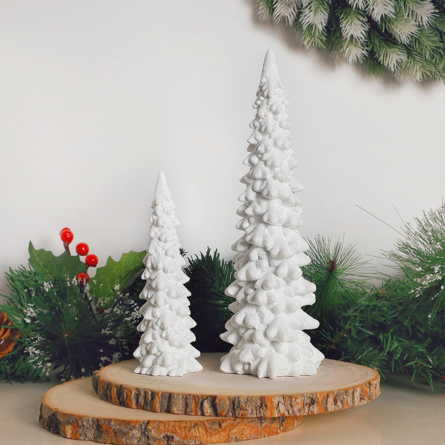 Juegoal Christmas Tree Table Decorations Set of 2, 9.5" White Glittered Xmas Pine Trees, Winter Snow Ornaments Tabletop Resin Trees Dinner Holiday Party Supplies Winter Mantle Shelf Centerpieces Decor