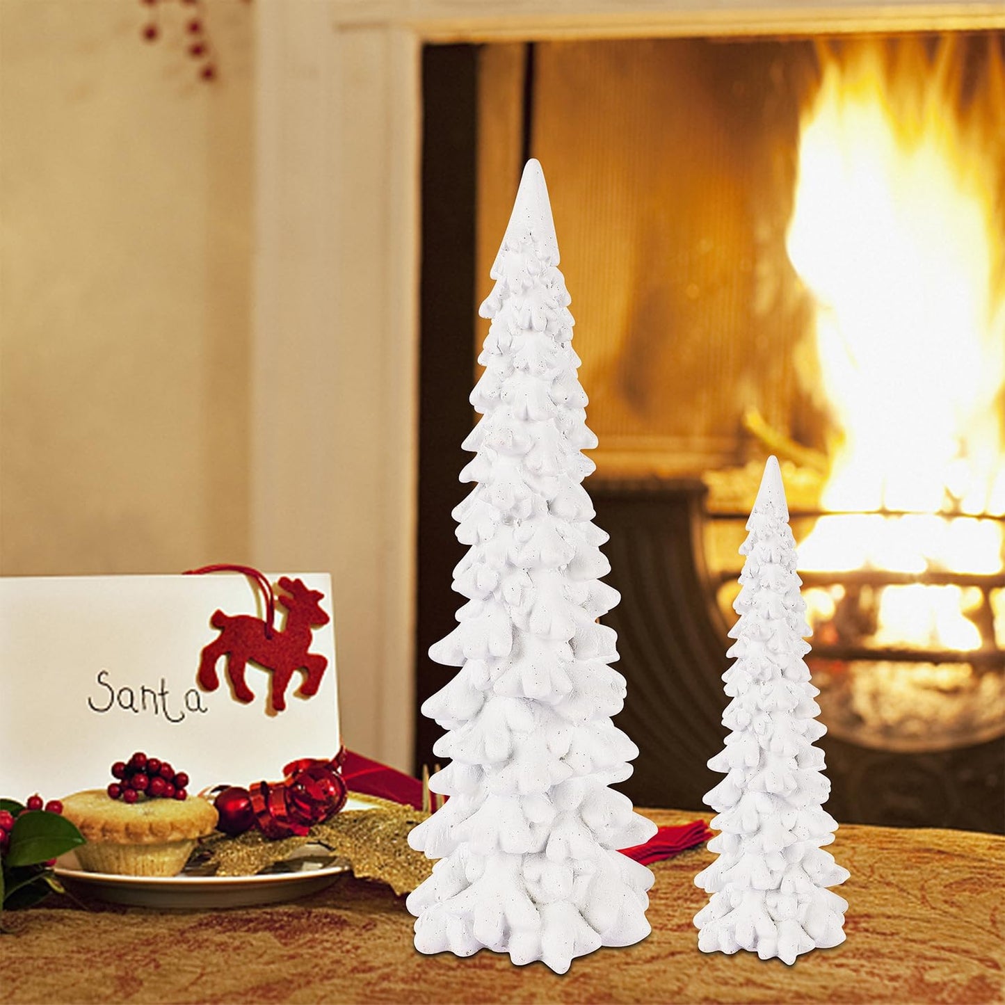 Juegoal Christmas Tree Table Decorations Set of 2, 9.5" White Glittered Xmas Pine Trees, Winter Snow Ornaments Tabletop Resin Trees Dinner Holiday Party Supplies Winter Mantle Shelf Centerpieces Decor