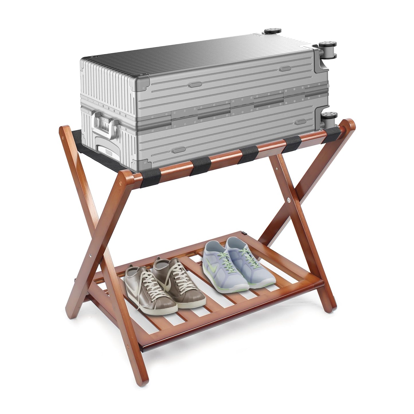 Smuxee Fully Assembled Walnut Luggage Rack, Upgraded Bamboo Foldable Suitcase Stand with 5 Nylon Straps, Luggage Holder with Shelf for Guest Room Bedroom Hotel