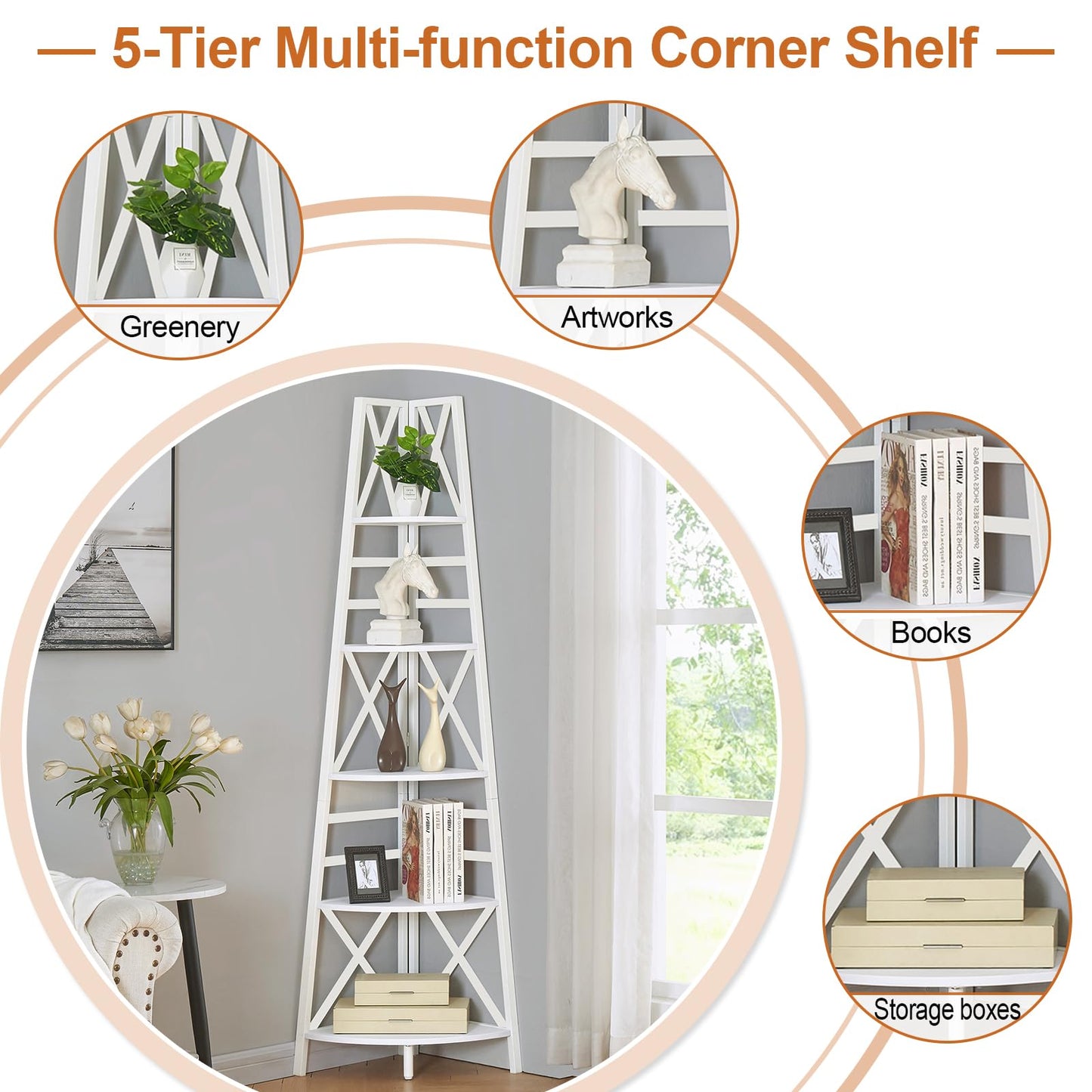 HOMBAZAAR Corner shelf,5-Tier Freestanding Corner Bookshelf,Tall Corner Ladder Shelf with Metal Frames,Multifunctional Corner Shelf Stand for Living Room, Bedroom, Kitchen, Home Office, White