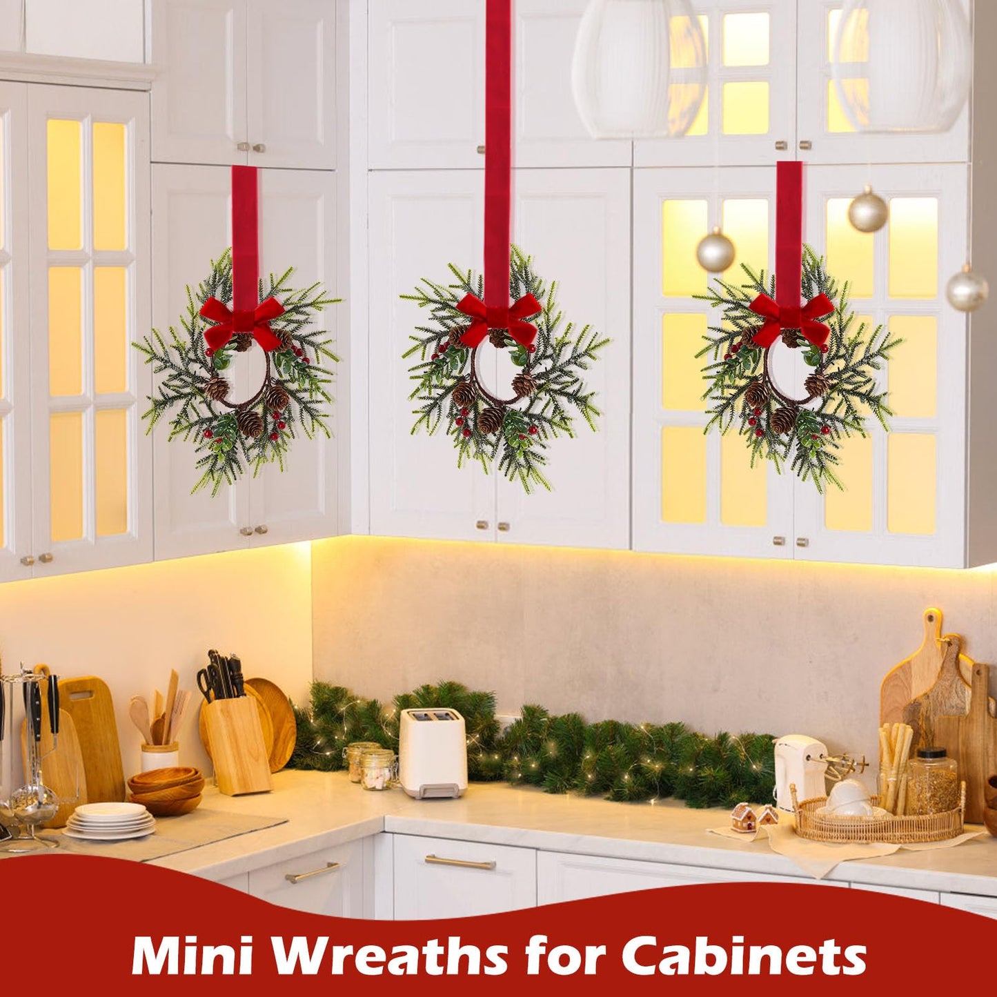 Mini Small Christmas Wreaths for Kitchen Cabinets-8pcs Christmas Candle Rings- Frosted Cedar Christmas Candle Rings Wreaths for Pillars/Window/Chair Wall-Christmas Table Centerpieces Decorations