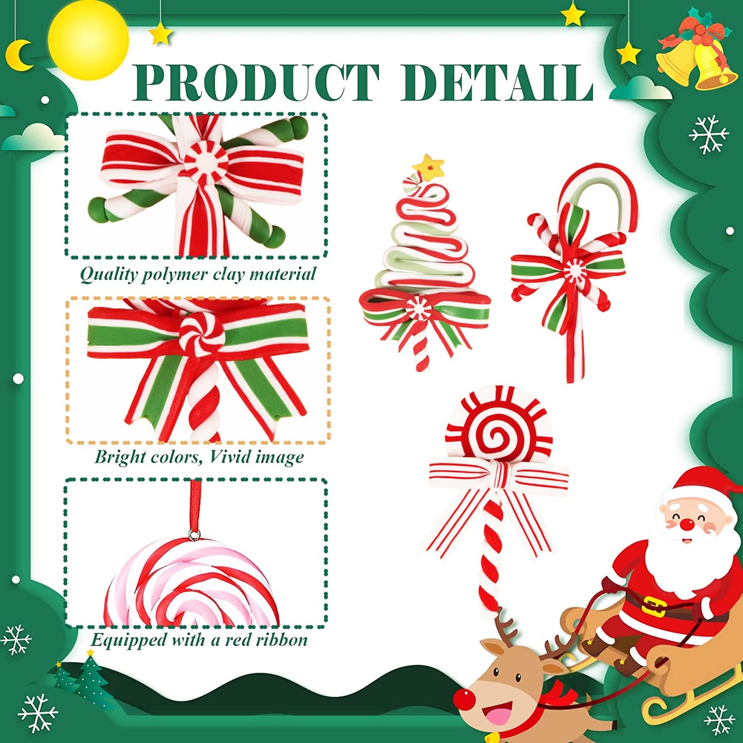 8 Pieces Christmas Tree Lollipop Ornaments Polymer Clay Candy Cane Hanging Decorations with Ribbon, Sweet Candy Pendant Xmas Tree Wreath Party Supplies