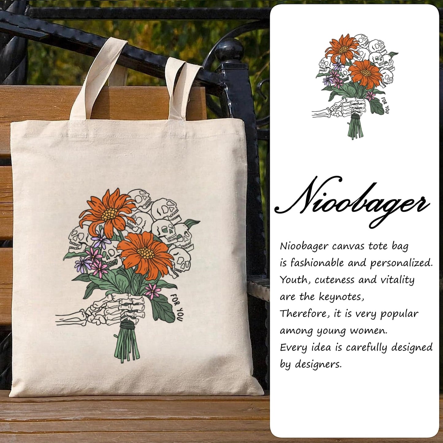 Nioobager Canvas Tote Bag for Women with Inner Pocket, Aesthetic Shoulder Book Bags Gift Totes Shopping Reusable Grocery Bags