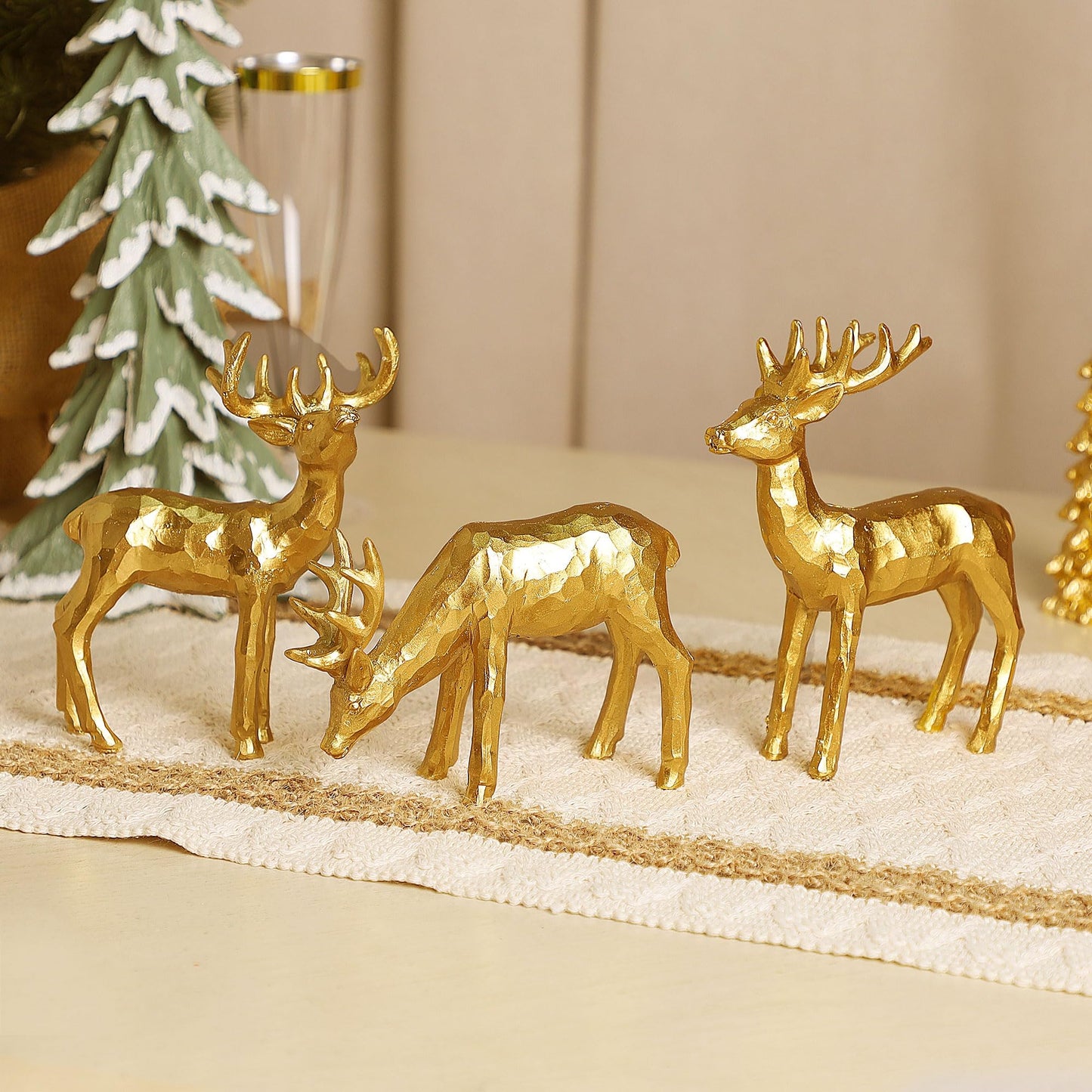 Lulu Home 3 PCS Christmas Tabletop Decorations, Resin Golden Reindeer Family Figurines with Diverse Postures, Xmas Holiday Winter Centerpieces Ornaments for Mantel Shelf Sill Home Office Decor