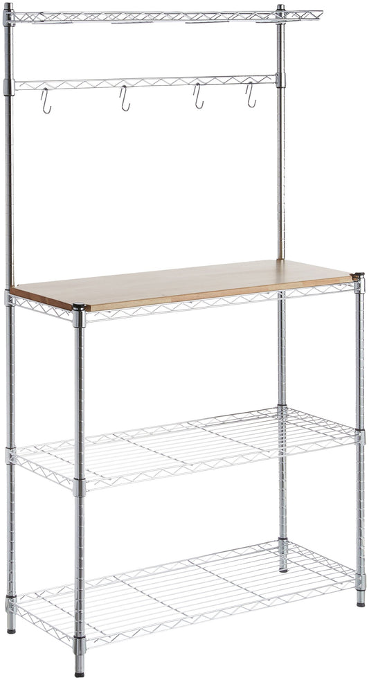 Amazon Basics 3 Tier Kitchen Storage Baker's Rack With Removeable Top, Wood/Chrome, 14"D x 35.83"W x 63.31"H