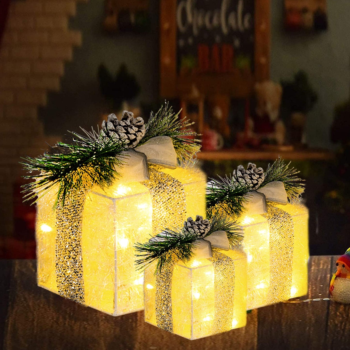 Hourleey Set of 3 Christmas Lighted Gift Boxes, Pre-lit 60 LED Light Up Present Boxes Ornament Outdoor Warm White Tinsel Boxes Decoration for Indoor Christmas Home Yard Lawn Decor