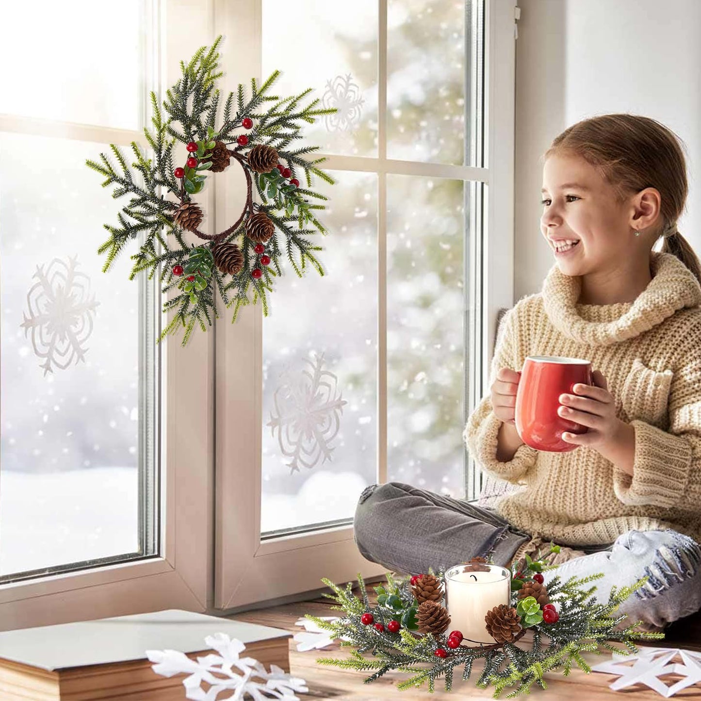Mini Small Christmas Wreaths for Kitchen Cabinets-8pcs Christmas Candle Rings- Frosted Cedar Christmas Candle Rings Wreaths for Pillars/Window/Chair Wall-Christmas Table Centerpieces Decorations