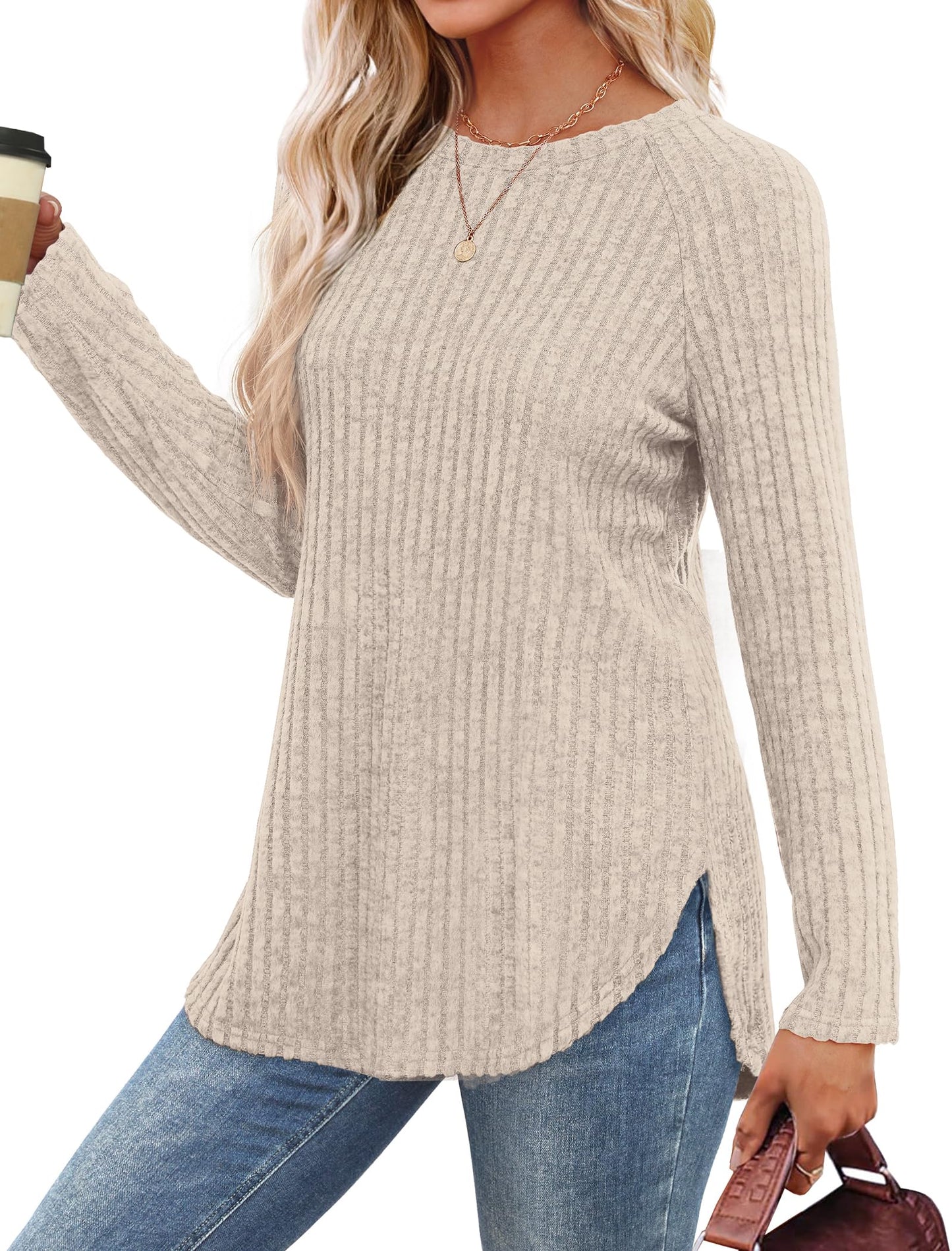 Saloogoe Tunic Tops to Wear with Leggings Long Crewneck Fall Sweaters Layering Long Sleeve Shirts 2024 S Apricot